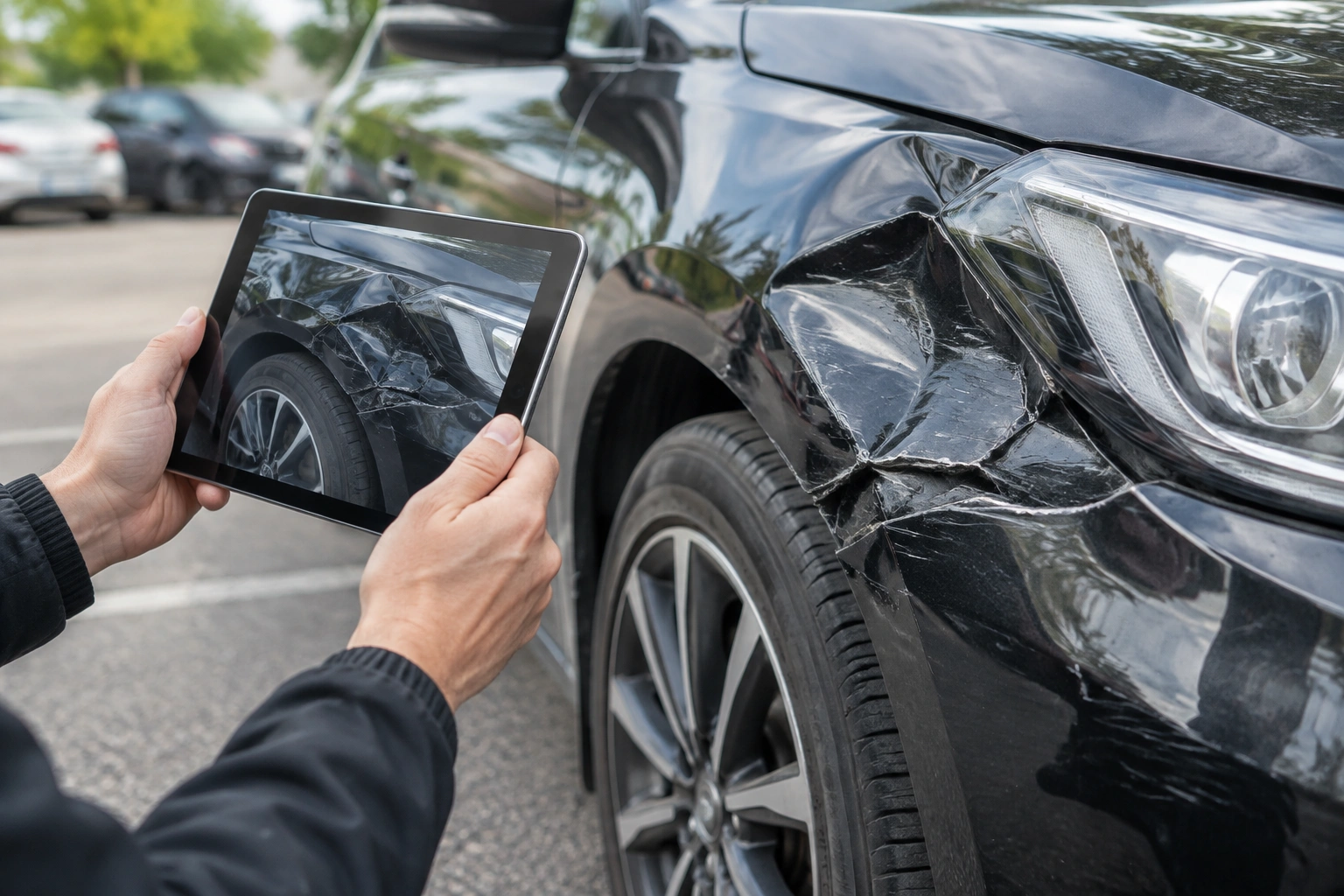 Hasarlı ön çamurluğu tablet üzerinden kayıt altına alan inceleme görevlisi