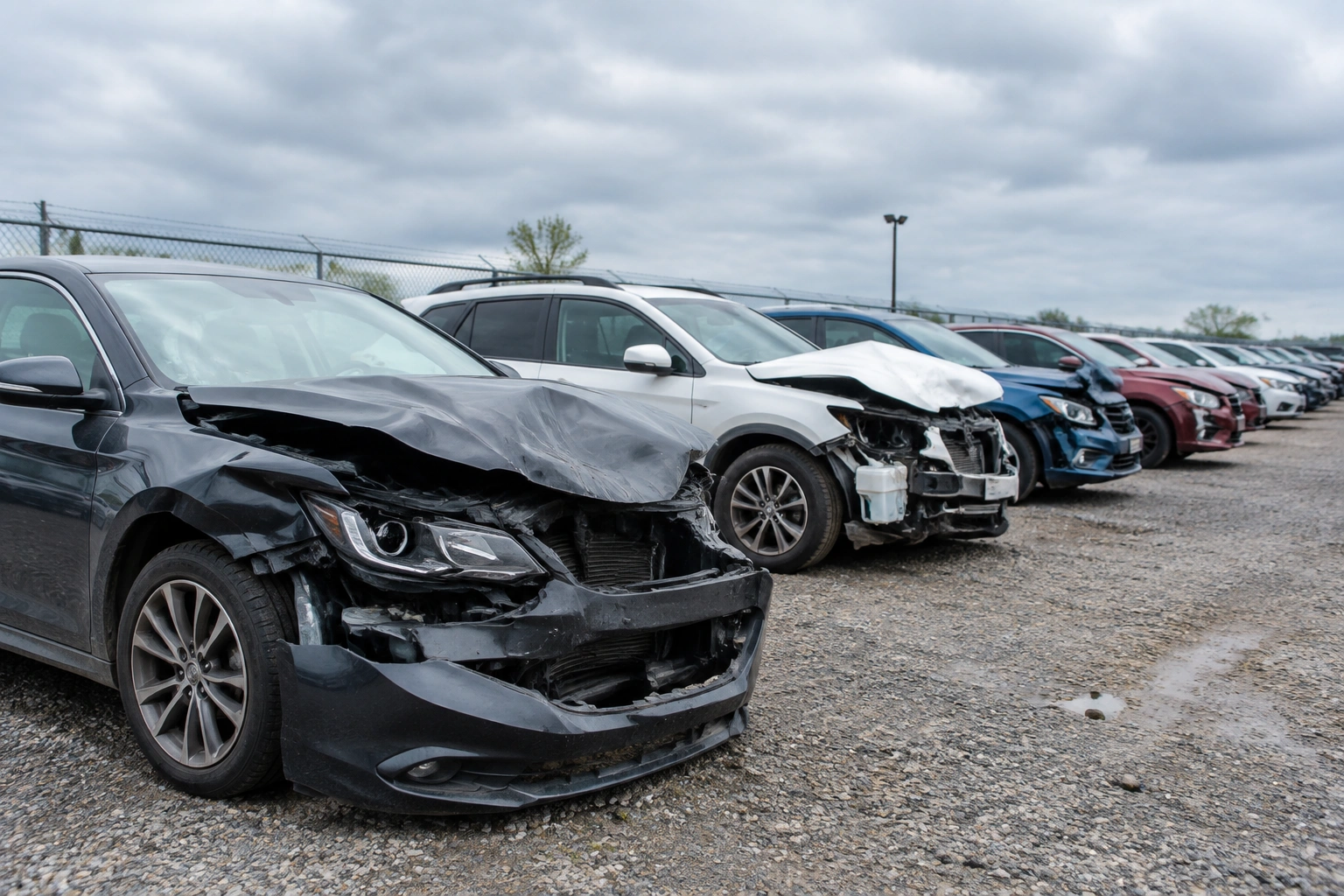 Açık bir sahada sıralanmış kazalı otomobiller
