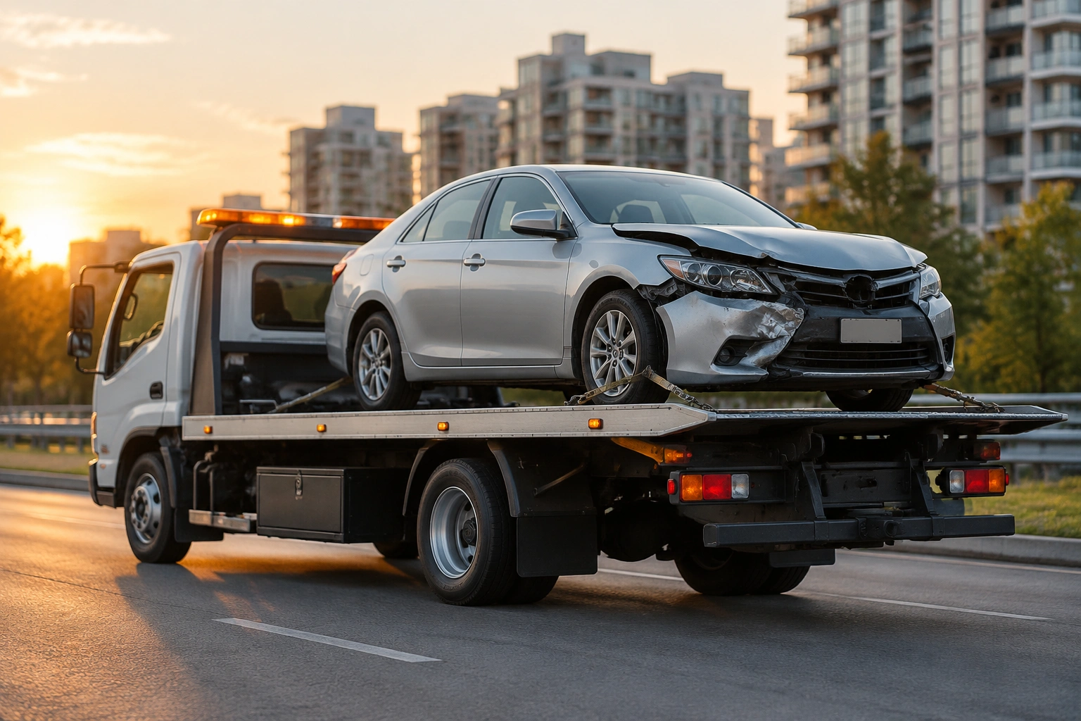 Ön tarafı hasarlı otomobili taşıyan kayar kasalı çekici