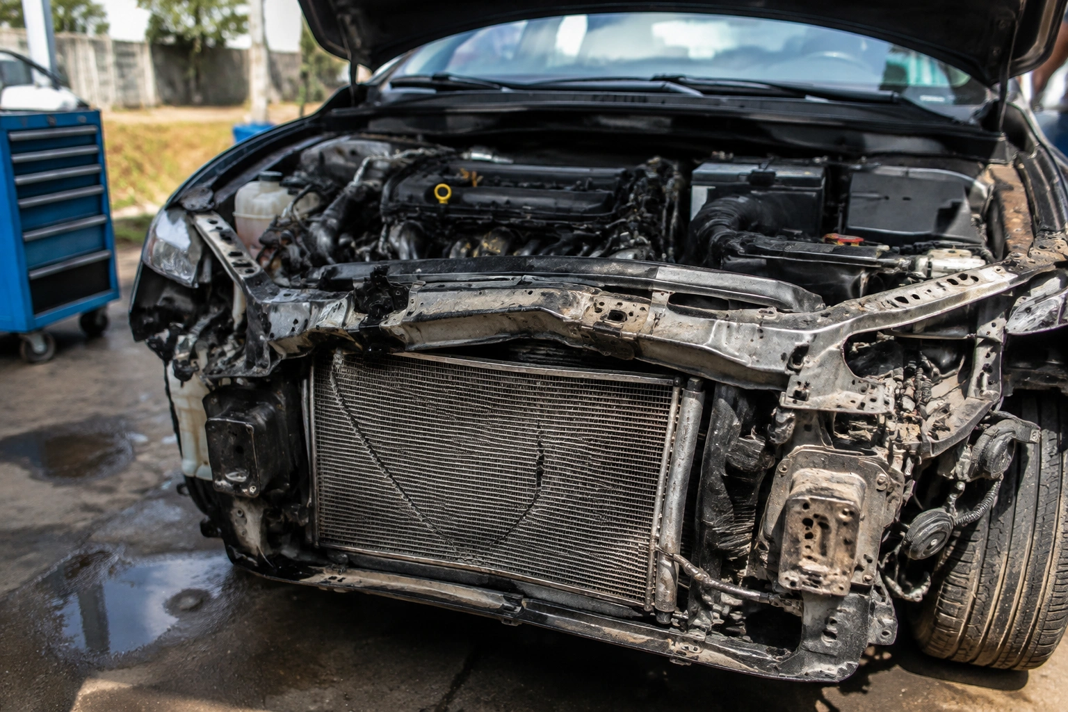 Kaputu açık aracın hasarlı motor bölmesi