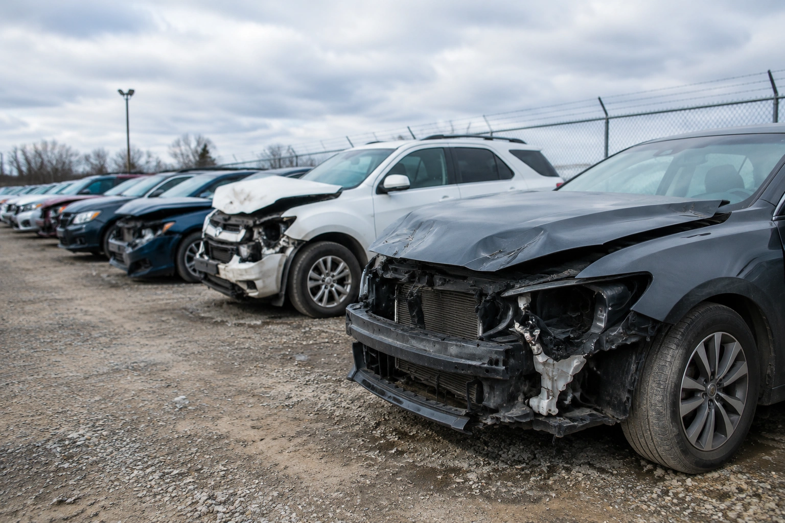 Açık otoparkta yan yana sıralanmış hasarlı otomobiller