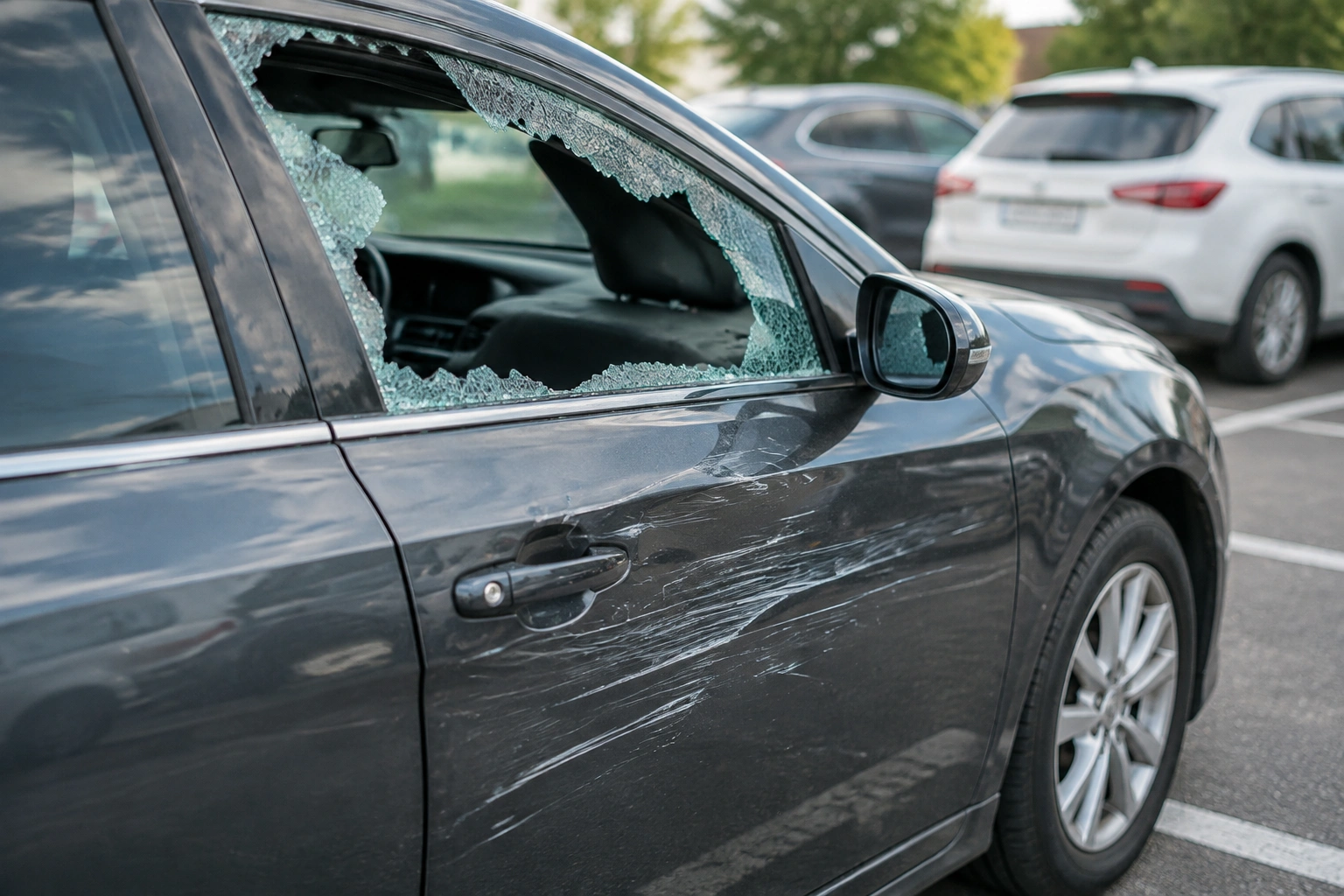 Otoparkta yan camı kırılmış, kapısı çizik gri otomobil