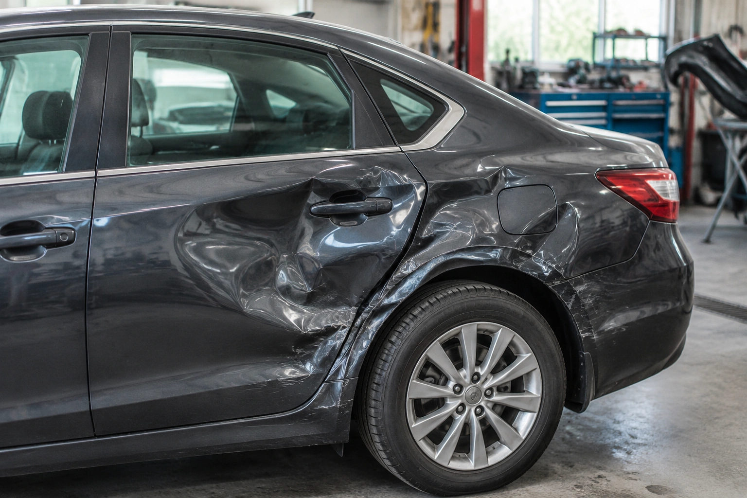 Yan tarafı derin darbe almış otomobilin arka kapısı
