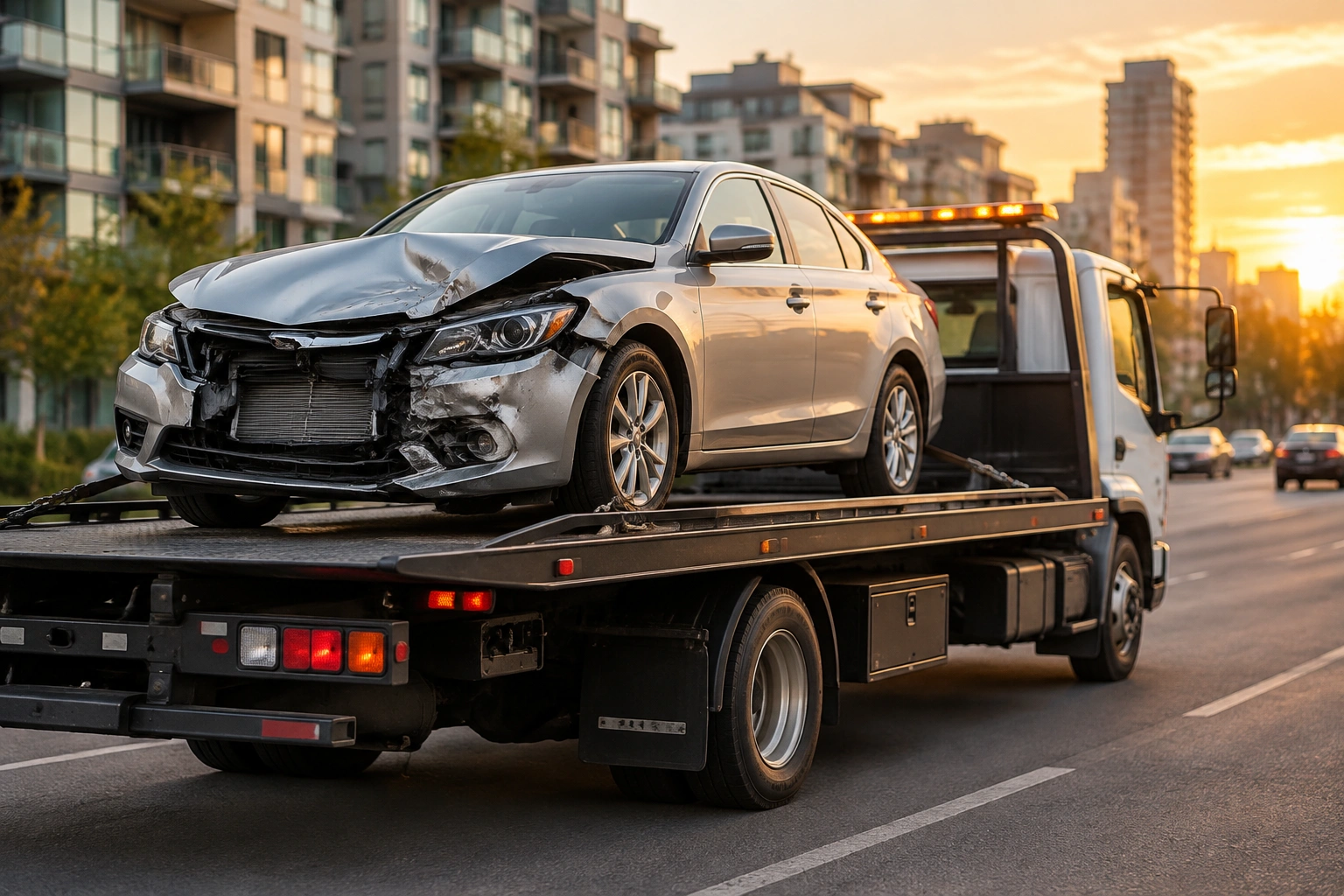 Hasarlı otomobili şehir içinde taşıyan çekici