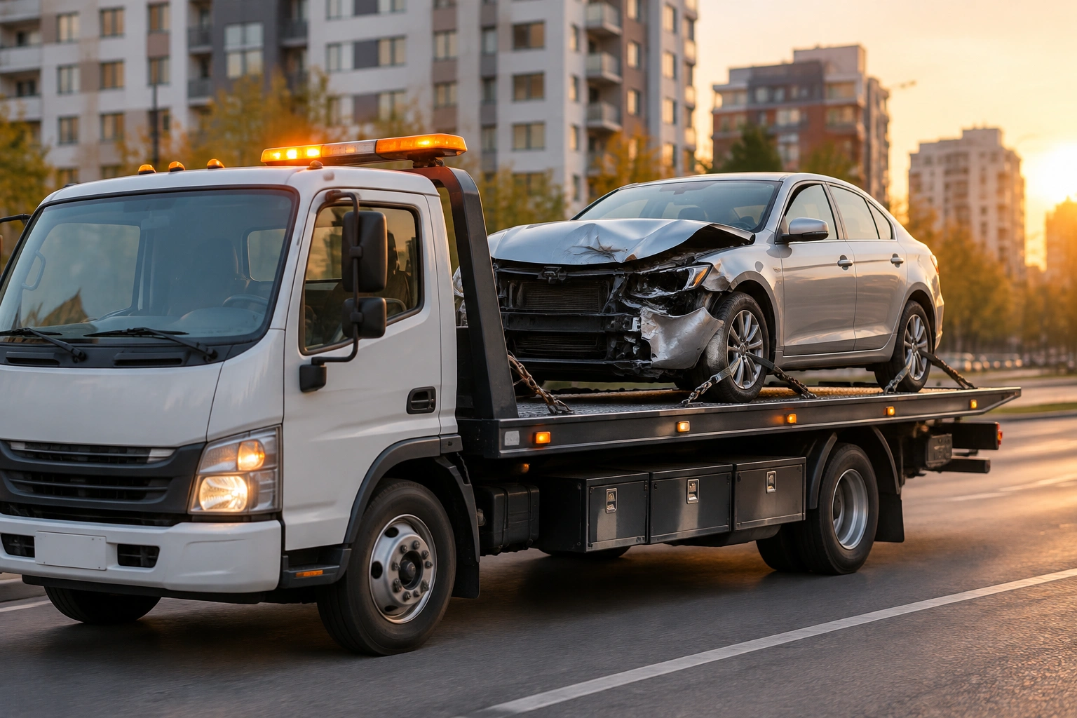 Şehir içinde ön tarafı hasarlı bir otomobili taşıyan sıfır zeminli çekici
