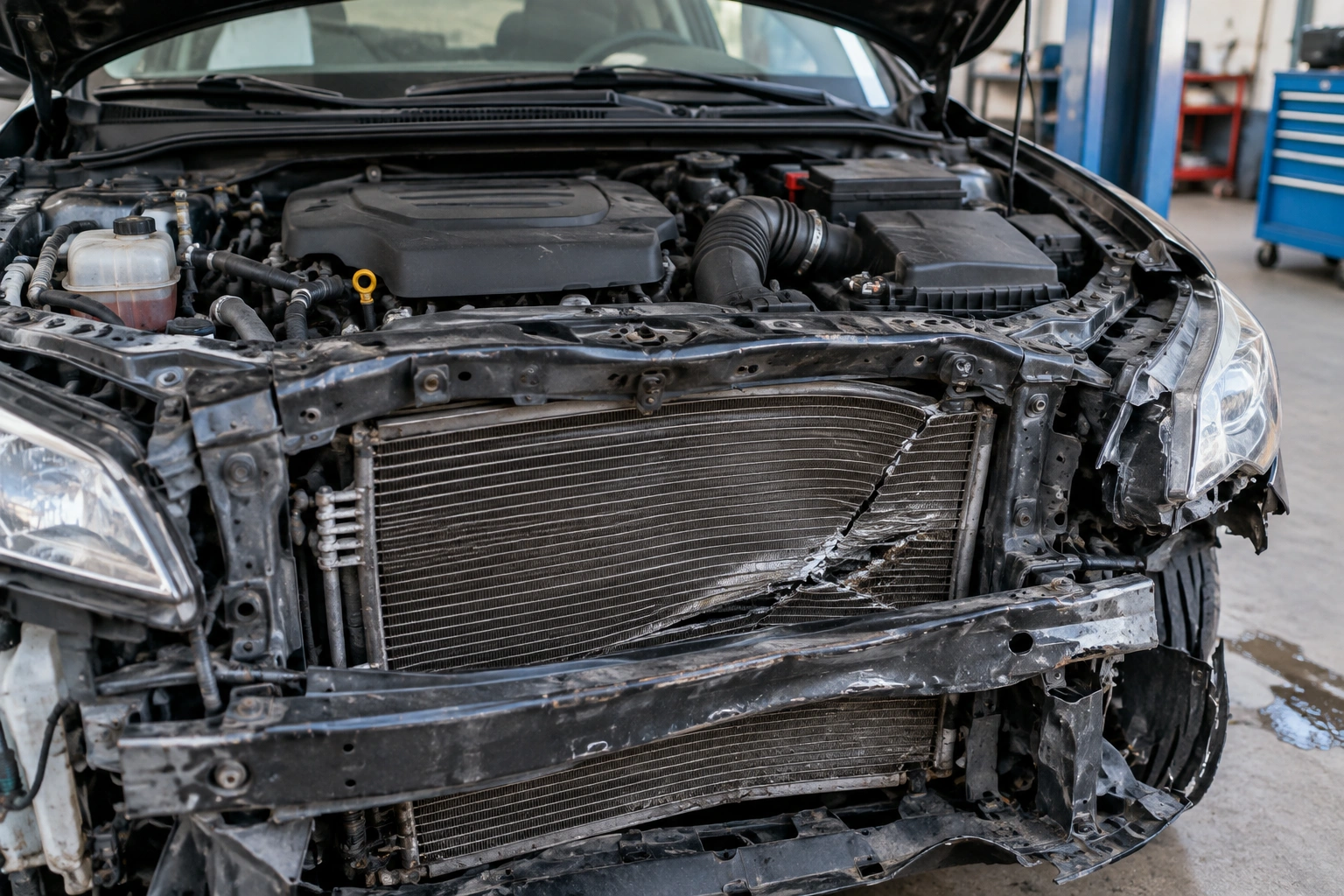 Kaputu açık aracın hasar görmüş motor bölmesi ve çatlamış radyatörü