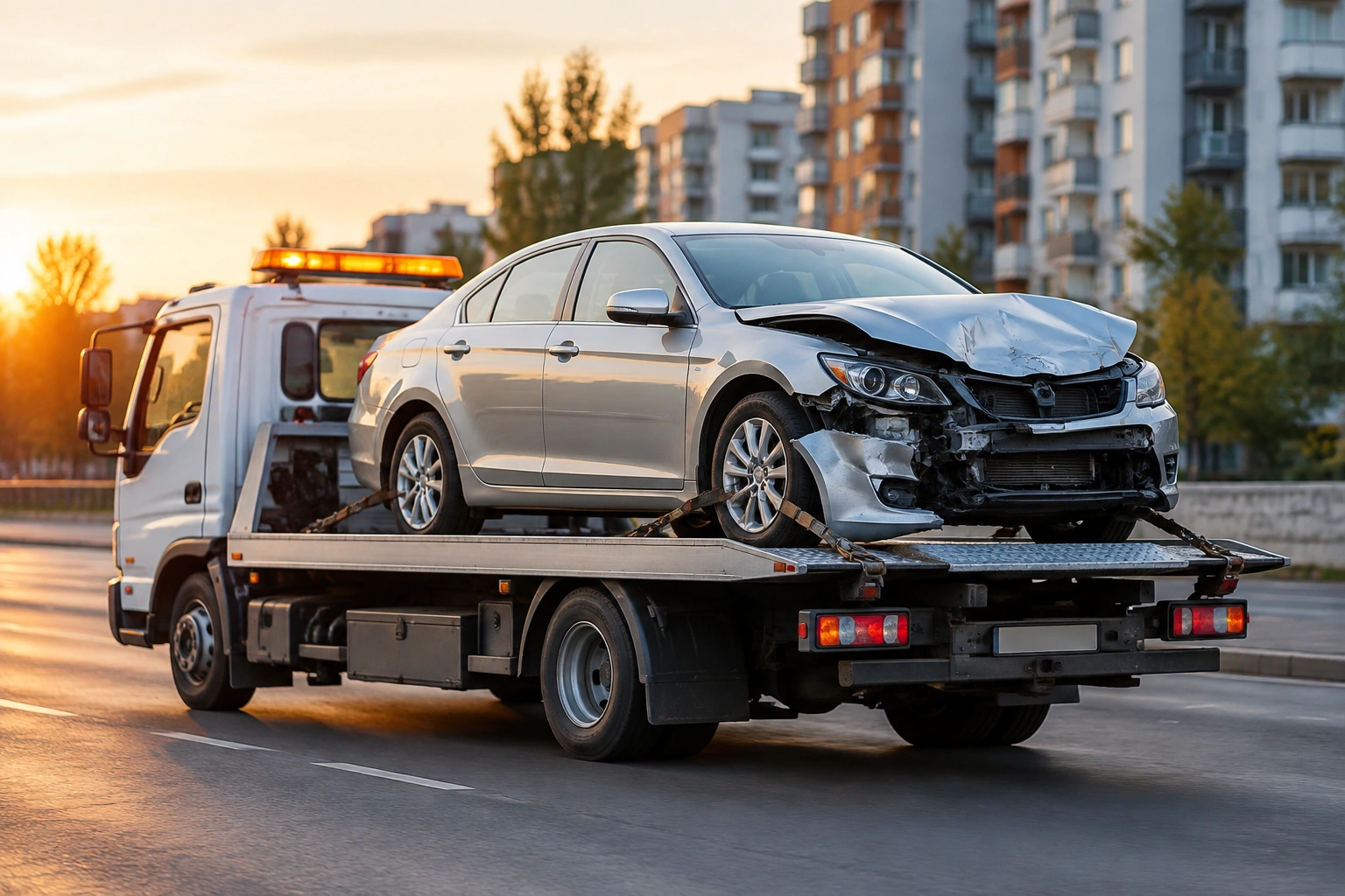 Taş sokakta platformuna otomobil alınmış çekici