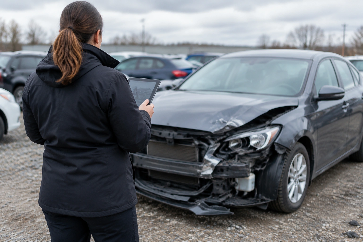 Otoparkta ön tarafı hasarlı bir aracı tabletle inceleyen görevli